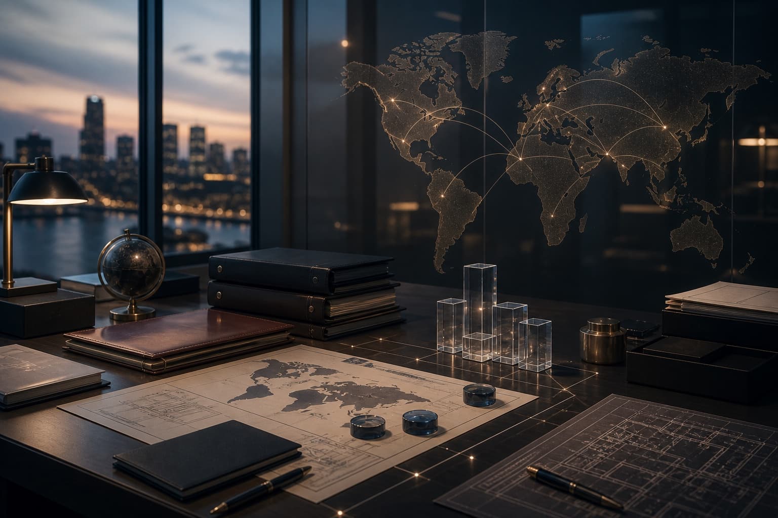 Mundo advisory setting overlooking an international financial district.