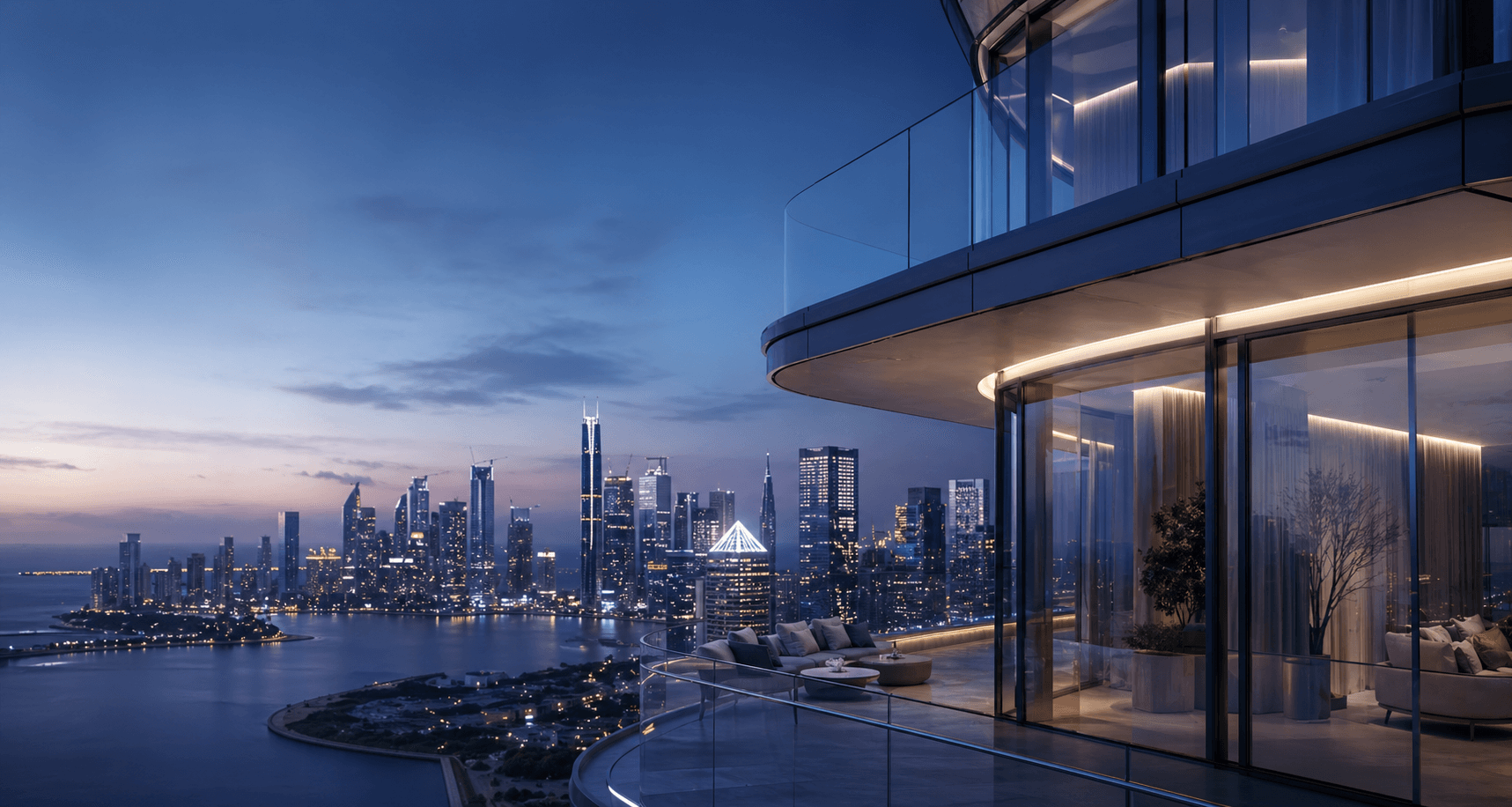 Coastal skyline and premium high-rise residence at blue hour.