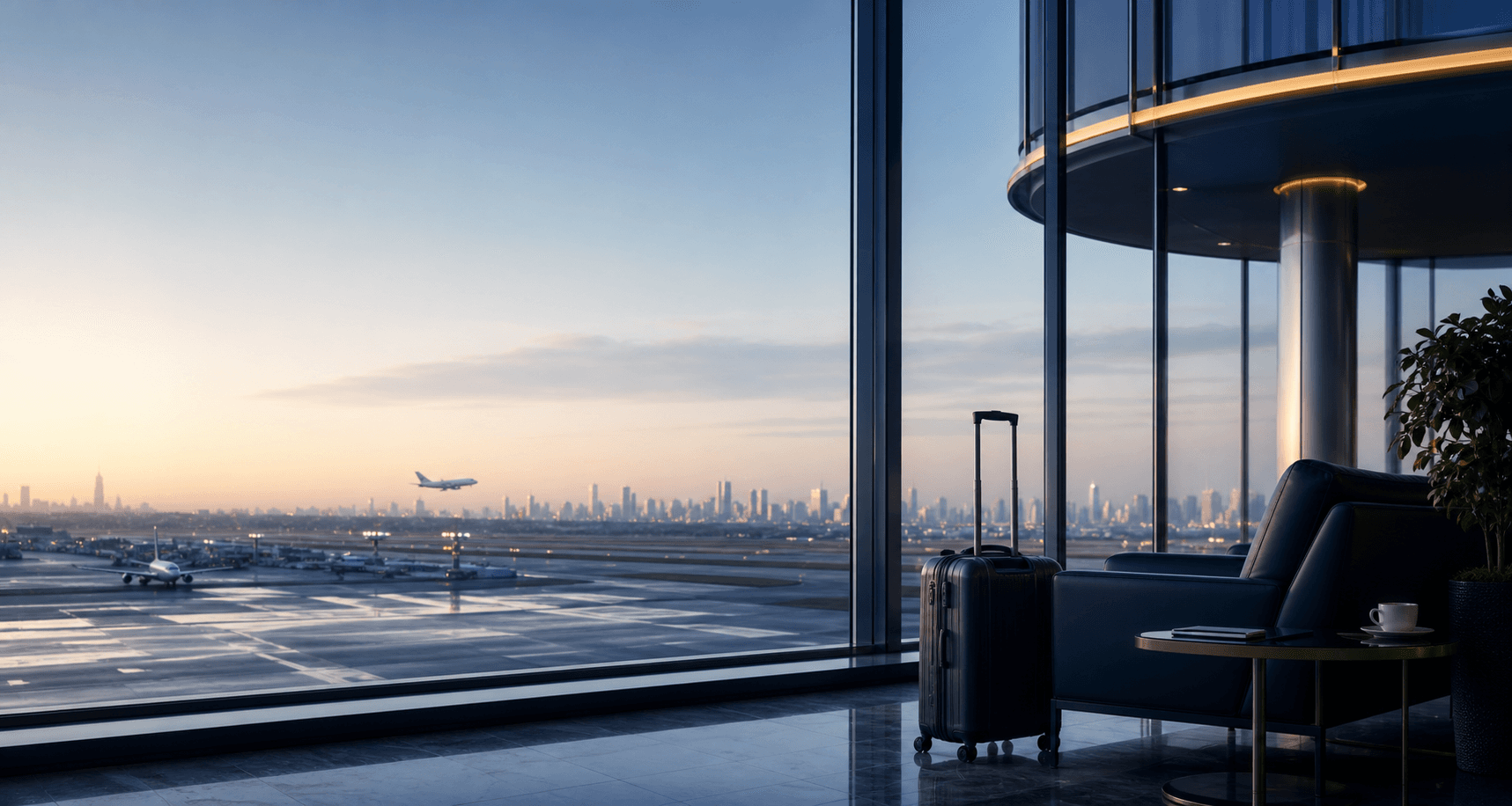 International airport lounge overlooking a runway and skyline.