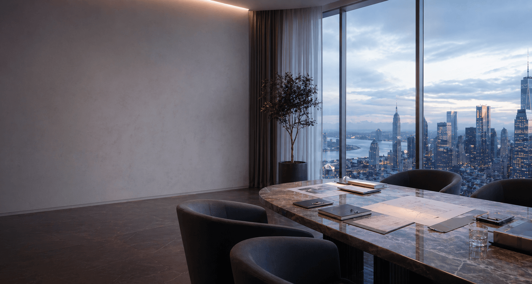 Private strategy room with documents and skyline views.